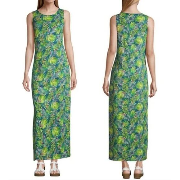 Lands' End Green Tropical Maxi Dress Womens Size 2X Palm Print Long Longline - Picture 1 of 8